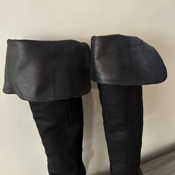 AllSaints Black Thigh High Heel Over Knee Leather Boots - Picture 4 of 9